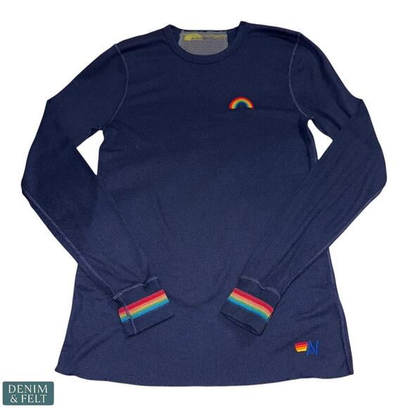 Aviator Nation Rainbow Waffle Thermal Lounge Set Base Layer Navy Pants & Top - Picture 3 of 16